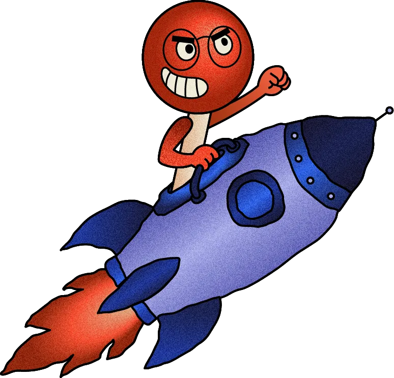 Der Joy-Stick fliegt auf einer Rakete durch den Gaming-Raum